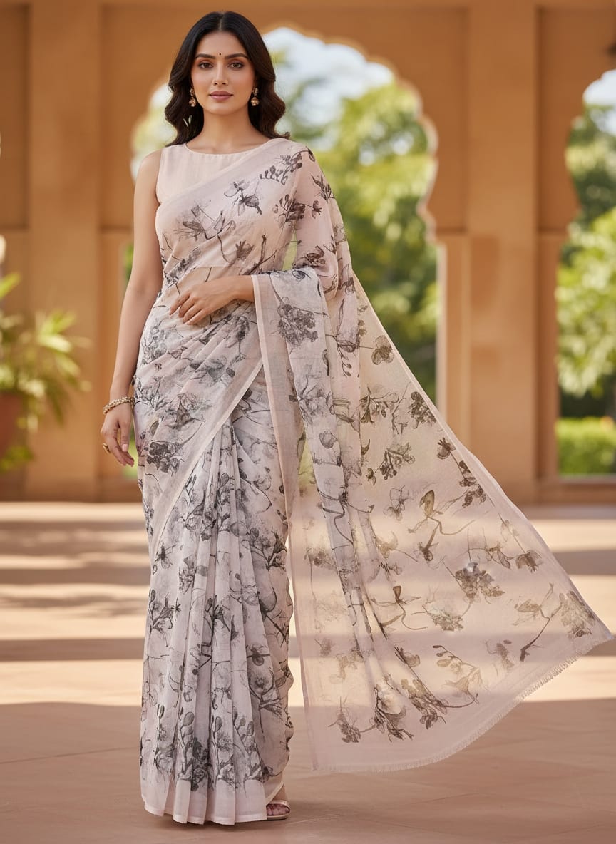 Black Floating Flowers Digital Printed Fabric - Pure Georgette