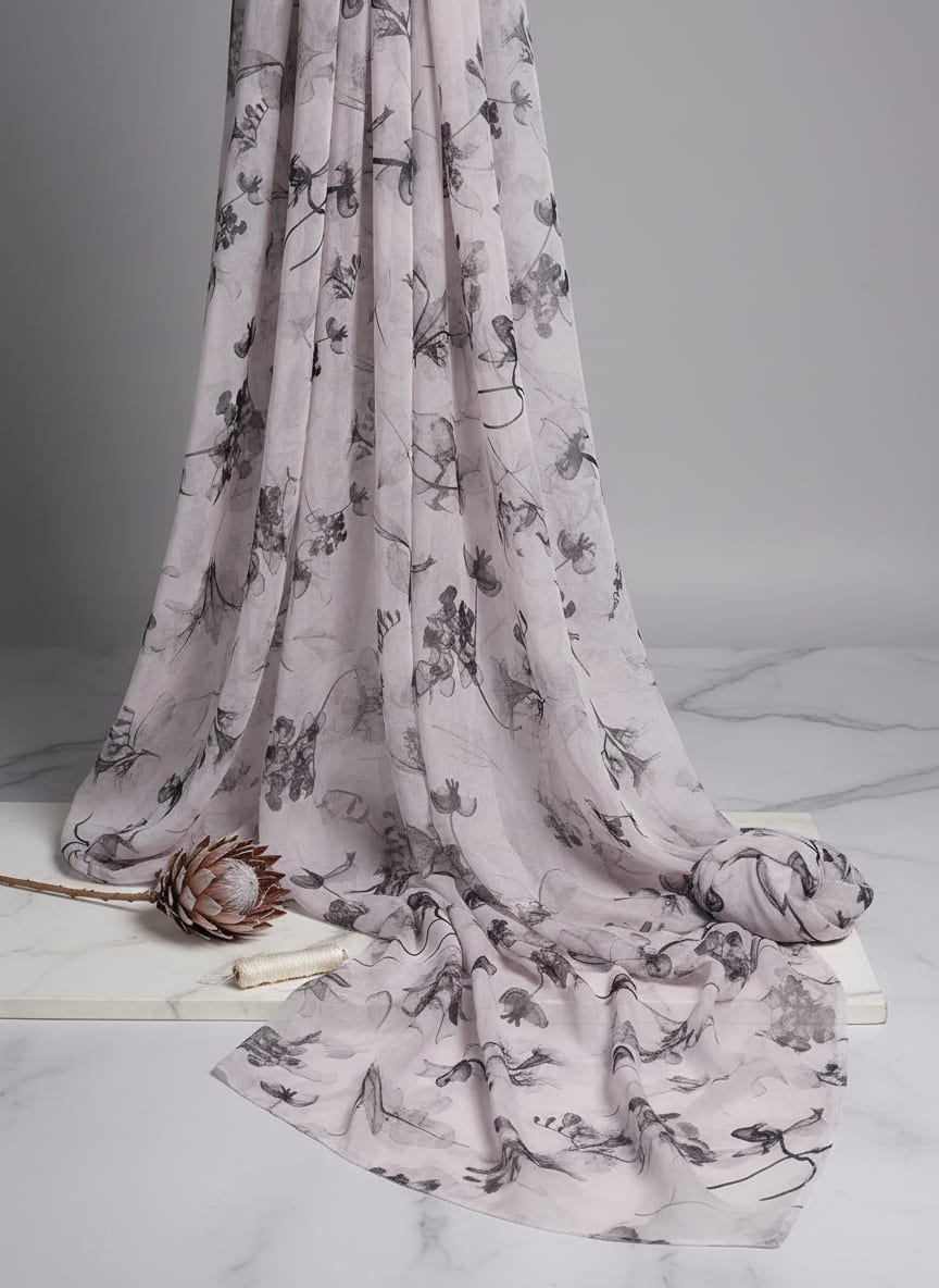 Pink Monochrome Floral Sketch Pure Georgette Digital Printed Fabric