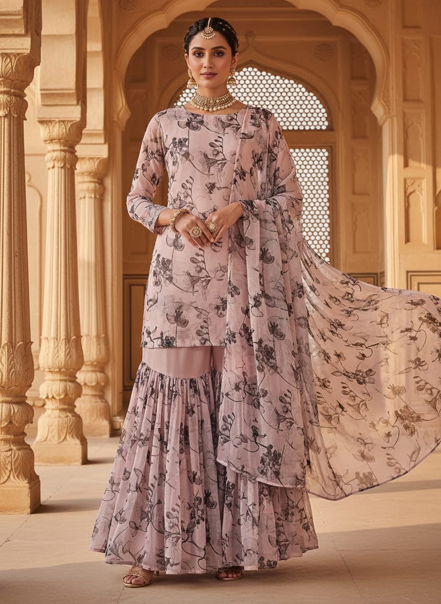 Pink Monochrome Floral Sketch Pure Georgette Digital Printed Fabric