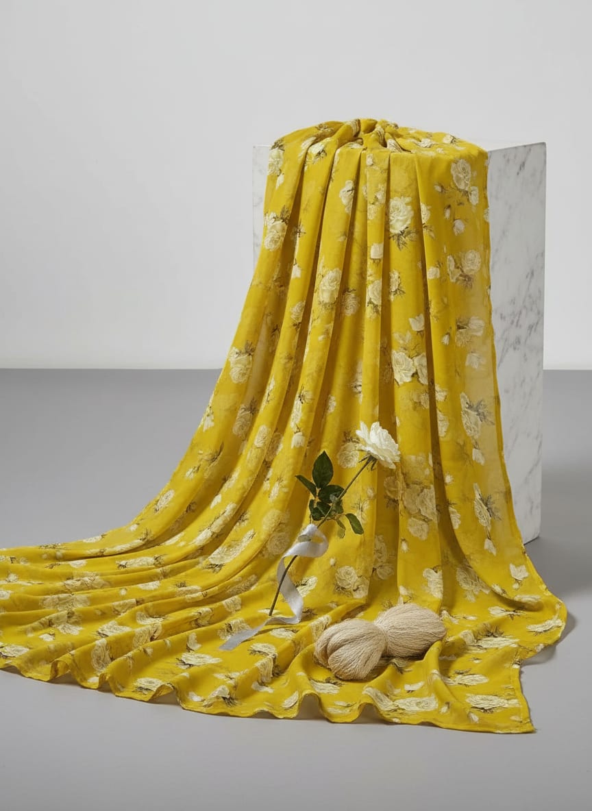 Lemon Yellow Flower Allover Digital Printed Fabric - Tusser Silk