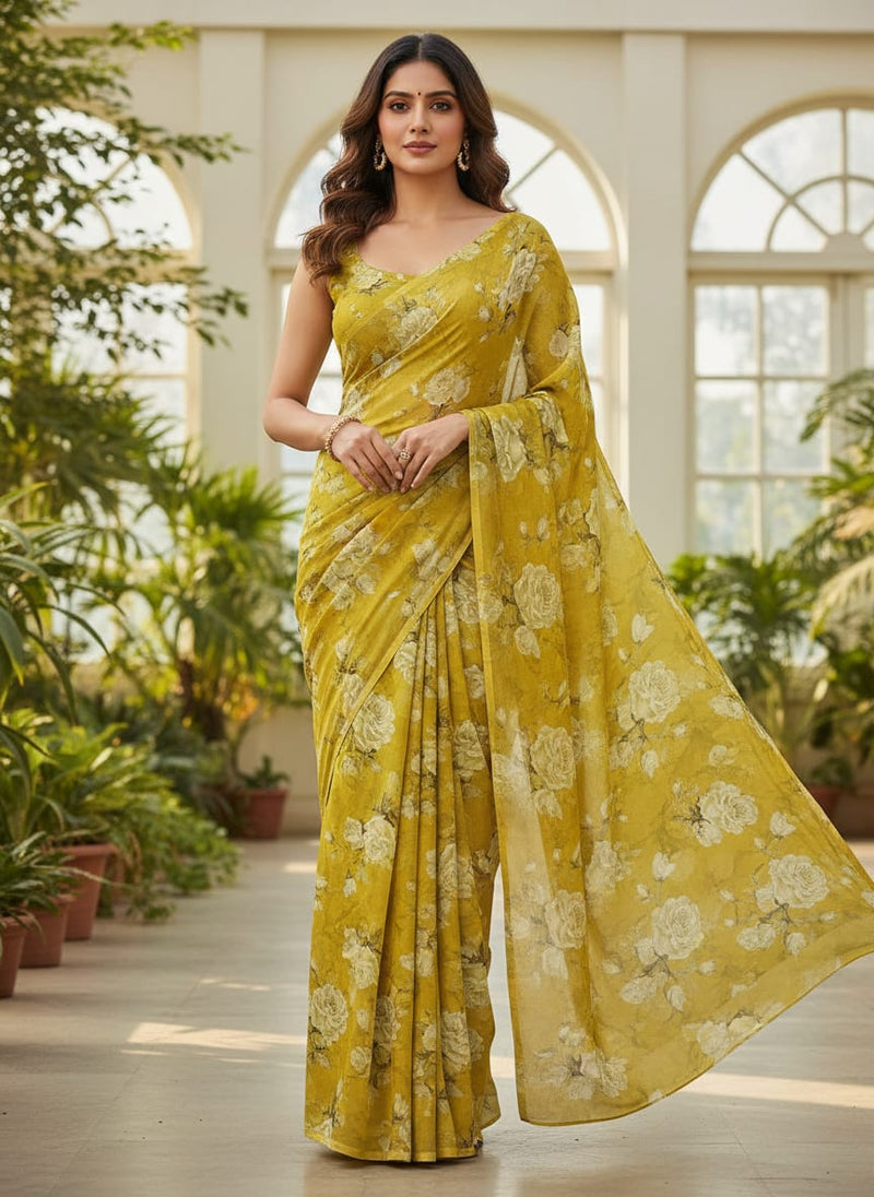 Lemon Yellow Flower Allover Digital Printed Fabric - Tusser Silk