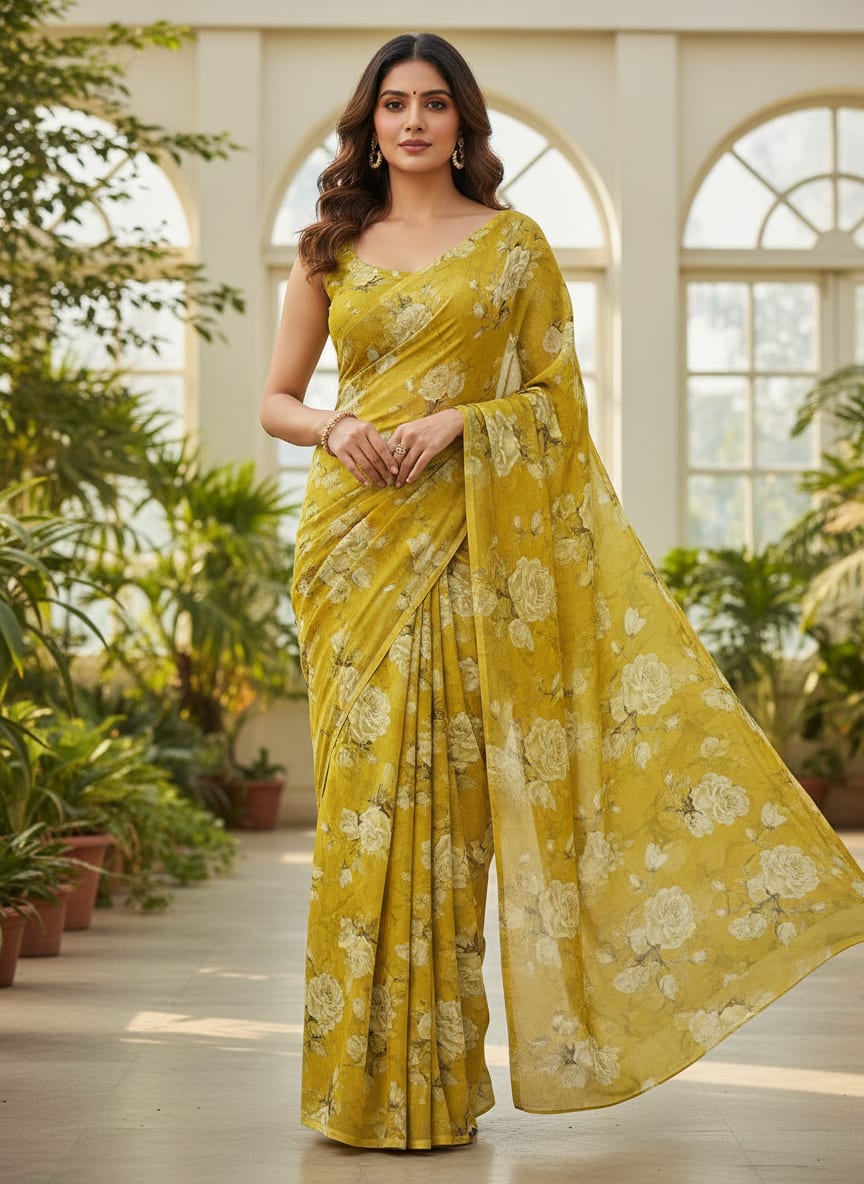 Lemon Yellow Flower Allover Digital Printed Fabric - Tusser Silk