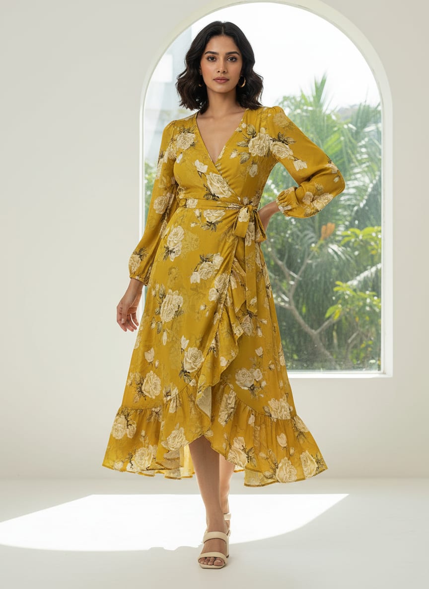 Lemon Yellow Flower Allover Digital Printed Fabric - Tusser Silk