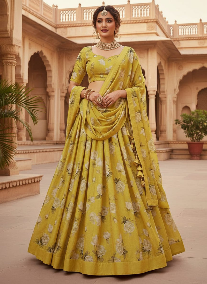 Lemon Yellow Flower Allover Digital Printed Fabric - Kora Silk