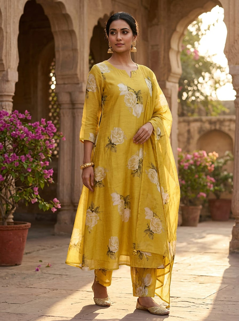 Yellow White Rose Floral Print Kora Silk Digital Printed Fabric
