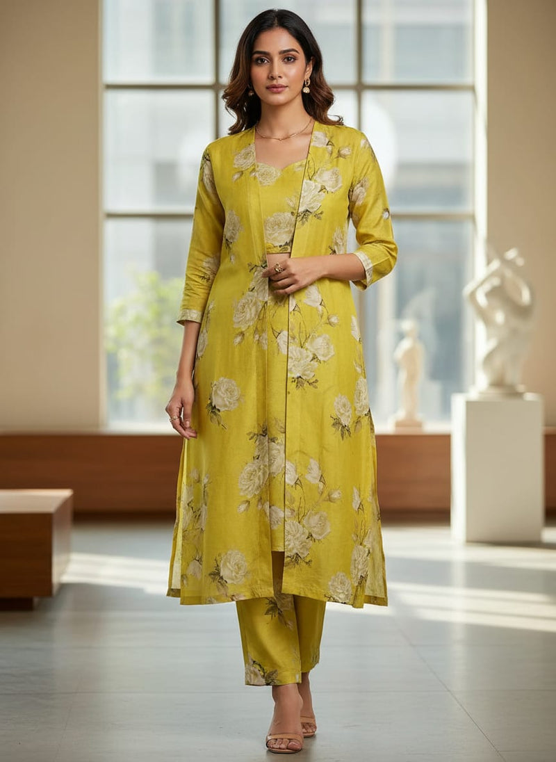 Lemon Yellow Flower Allover Digital Printed Fabric - Kora Silk
