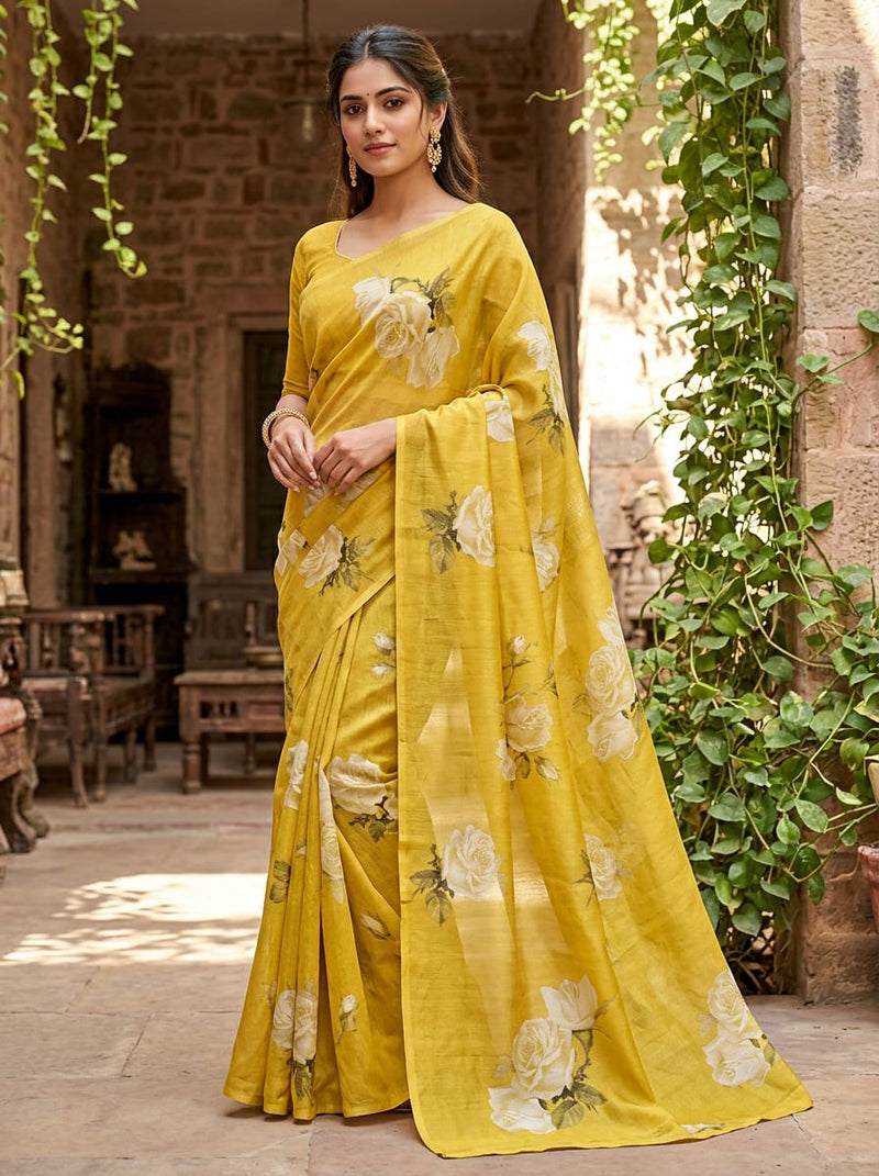 Yellow White Rose Floral Print Kora Silk Digital Printed Fabric