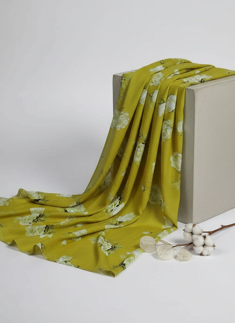 Lemon Yellow Flower Allover Digital Printed Fabric - Muslin