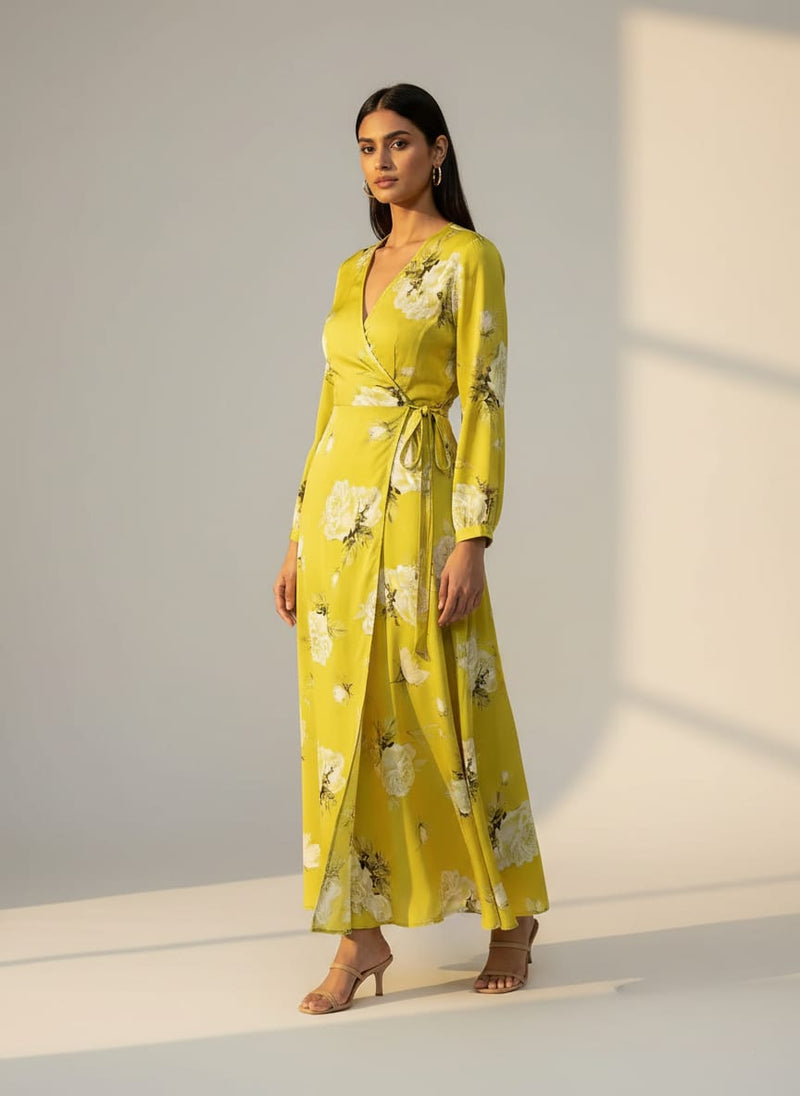 Lemon Yellow Flower Allover Digital Printed Fabric - Crepe