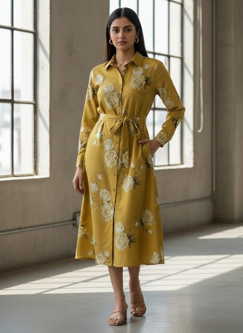 Lemon Yellow Flower Allover Digital Printed Fabric - Pure Cotton