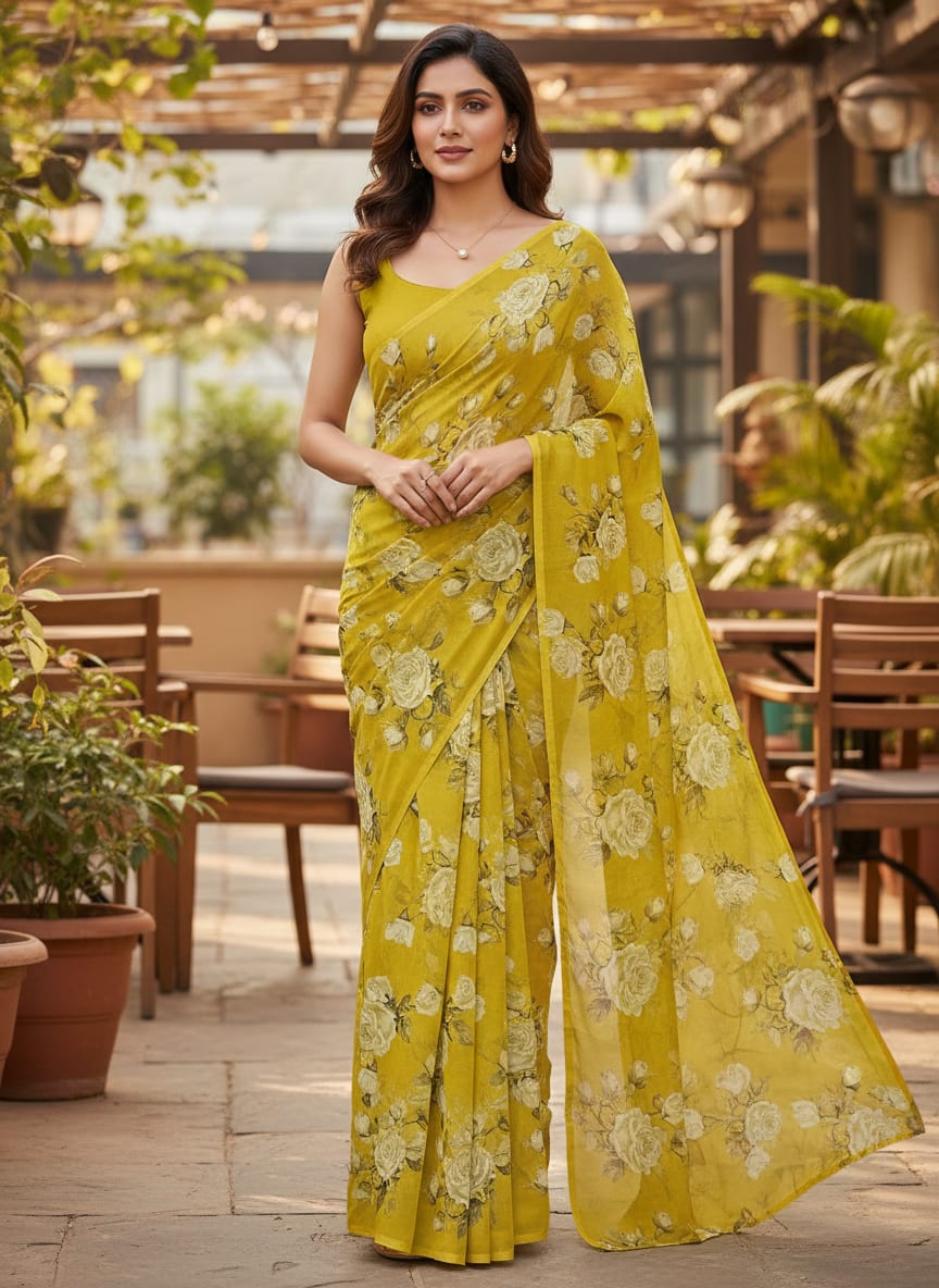 Lemon Yellow Flower Allover Digital Printed Fabric - Upada Silk