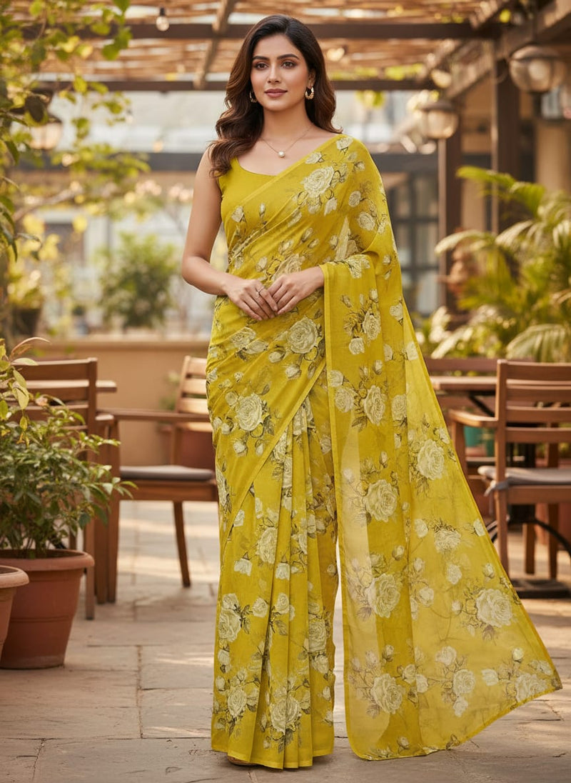 Lemon Yellow Flower Allover Digital Printed Fabric - Upada Silk