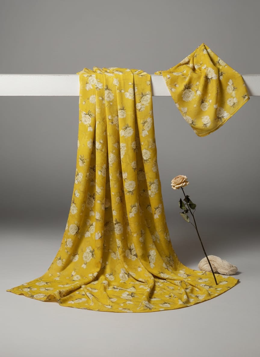 Lemon Yellow Flower Allover Digital Printed Fabric - Upada Silk