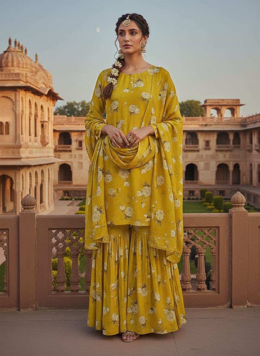 Lemon Yellow Flower Allover Digital Printed Fabric - Upada Silk