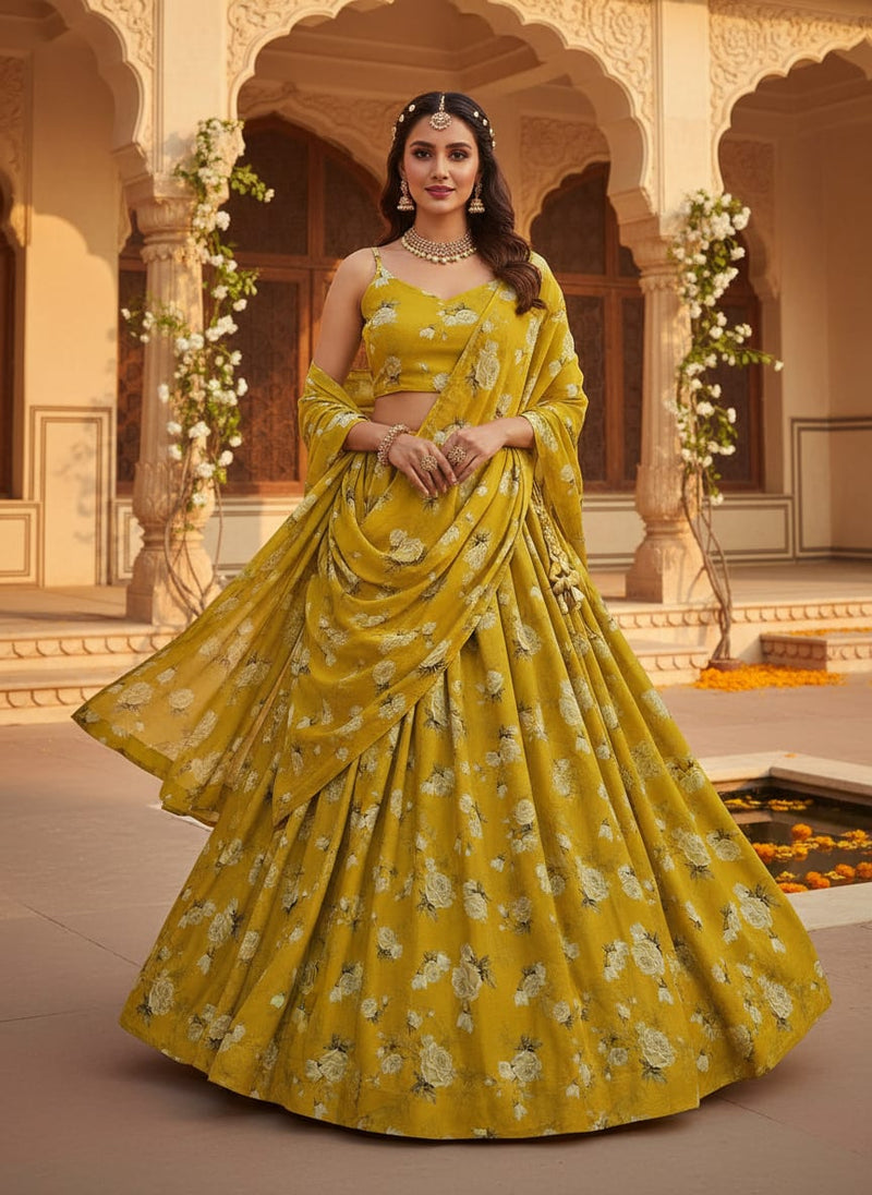 Lemon Yellow Flower Allover Digital Printed Fabric - Upada Silk