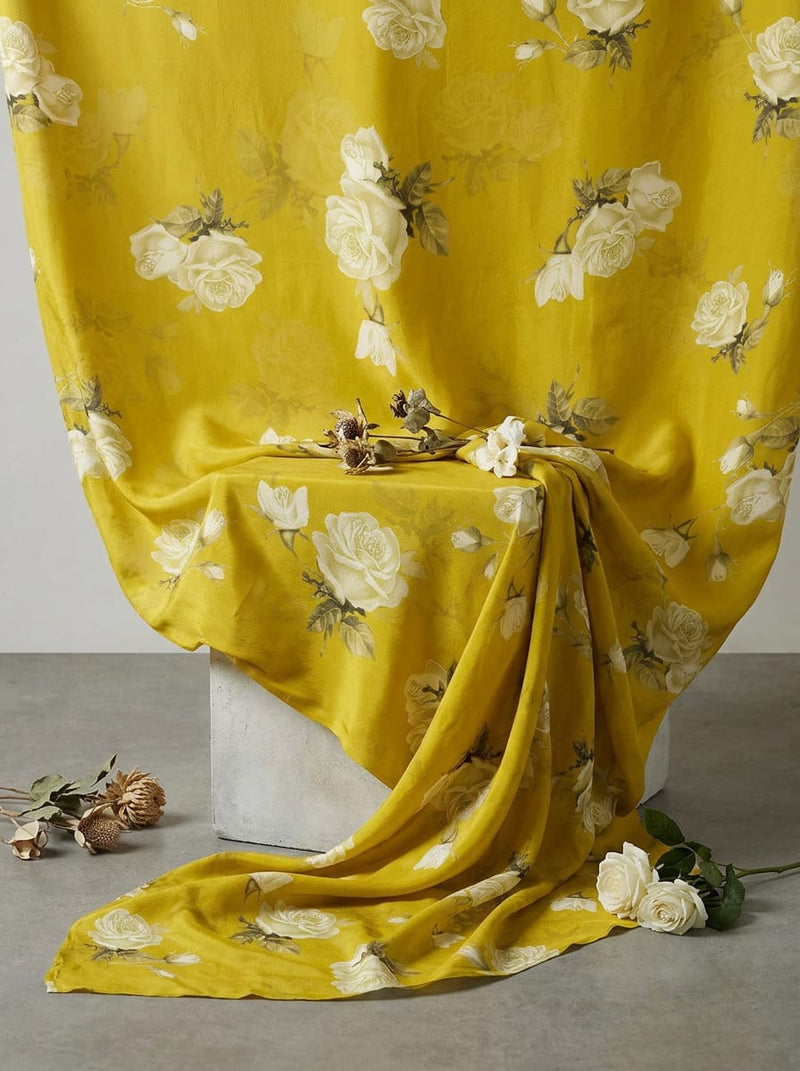 Yellow White Roses Floral Upada Silk Digital Printed Fabric