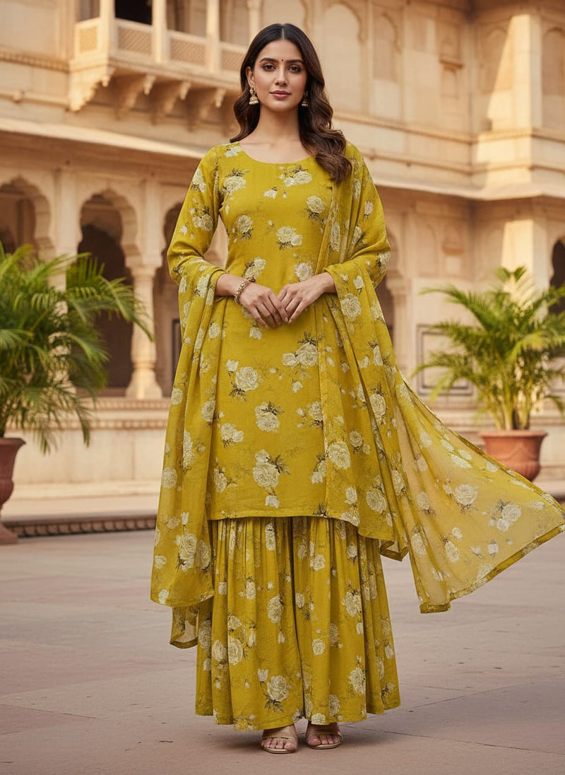 Yellow White Roses Floral Upada Silk Digital Printed Fabric