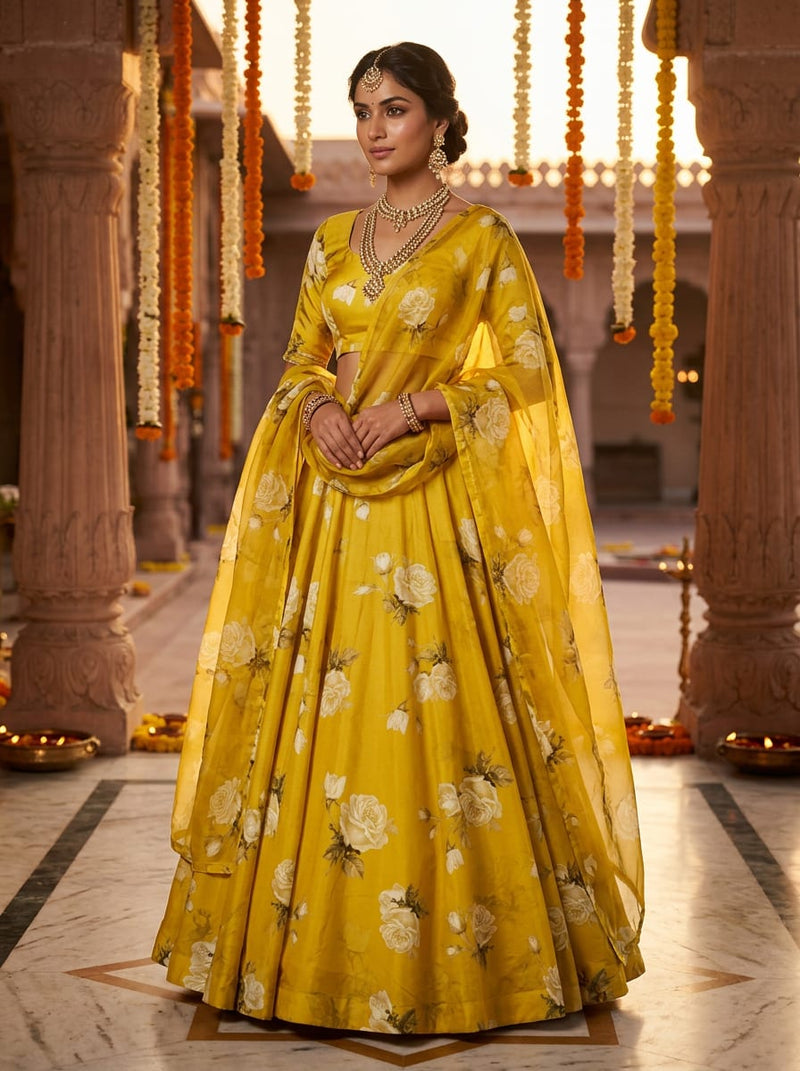 Yellow White Roses Floral Upada Silk Digital Printed Fabric