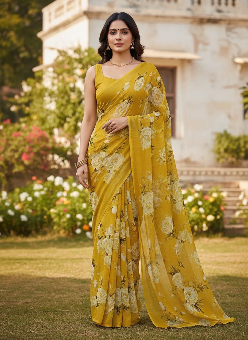 Yellow White Rose Floral Pure Georgette Digital Printed Fabric