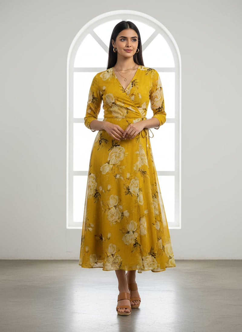Yellow White Rose Floral Pure Georgette Digital Printed Fabric