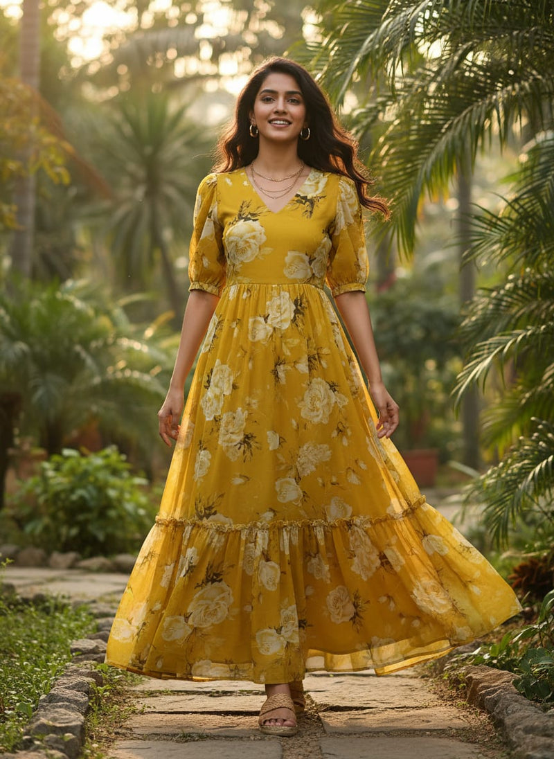 Yellow White Rose Floral Pure Georgette Digital Printed Fabric