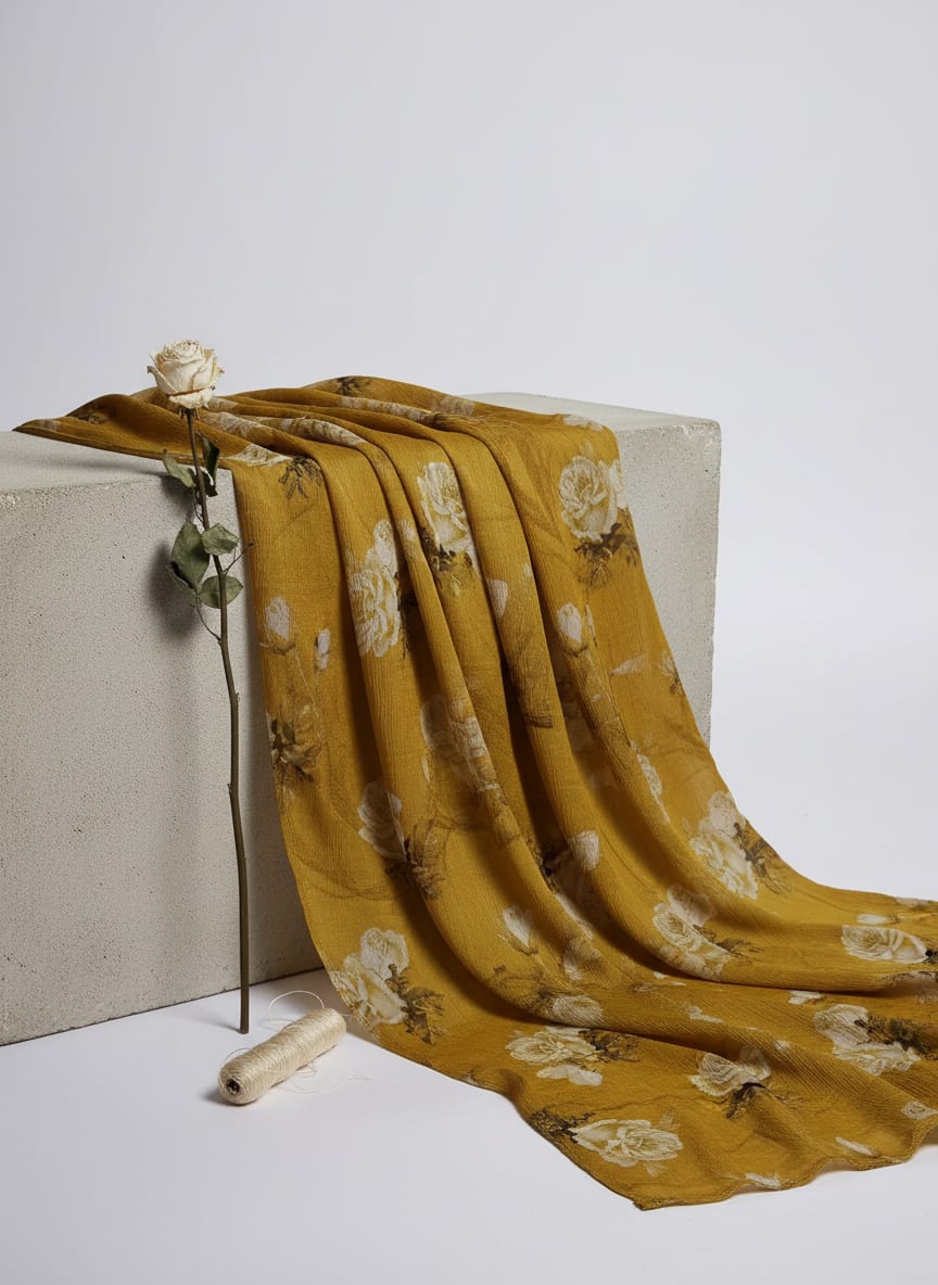 Yellow Vintage White Roses Pure Chinon Digital Printed Fabric