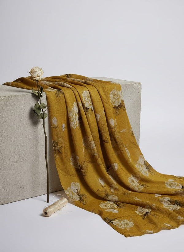 Yellow Vintage White Roses Pure Chinon Digital Printed Fabric - Fabric Editorial Studio Flatlay Lookbook - PC-0-TA06831P8-106