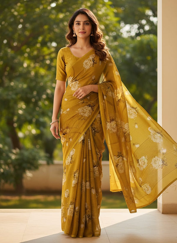 Lemon Yellow Flower Allover Digital Printed Fabric - Pure Chinon - Saree Lookbook - PC-0-TA06831P8-106 - alternate view