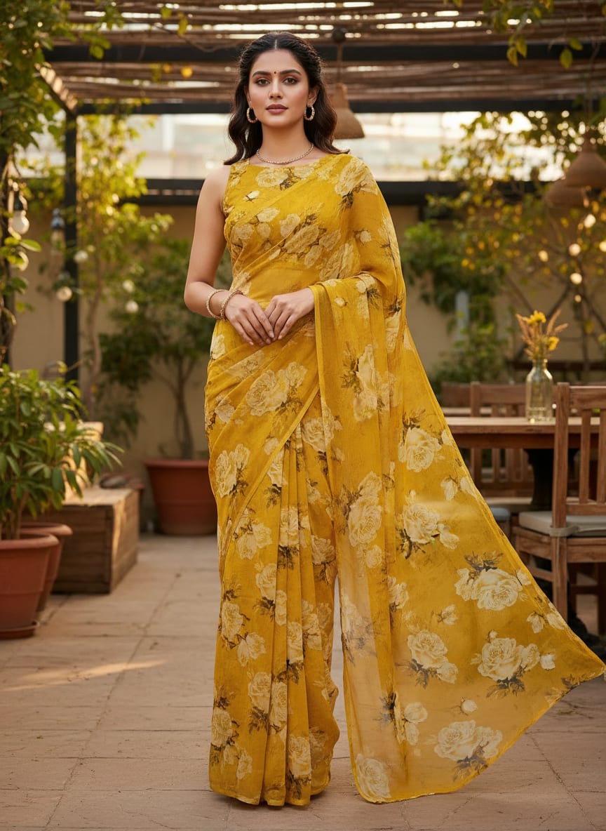 Lemon Yellow Flower Allover Digital Printed Fabric - Pure Chiffon