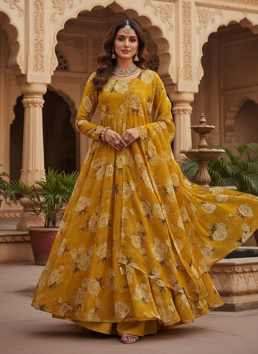 Lemon Yellow Flower Allover Digital Printed Fabric - Pure Chiffon