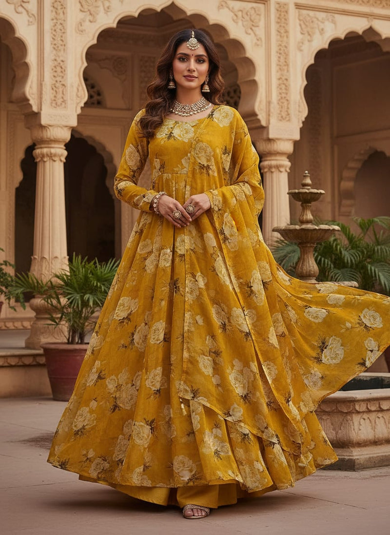 Lemon Yellow Flower Allover Digital Printed Fabric - Pure Chiffon