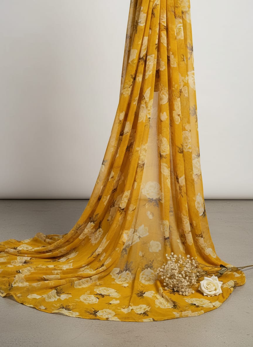 Lemon Yellow Flower Allover Digital Printed Fabric - Pure Chiffon