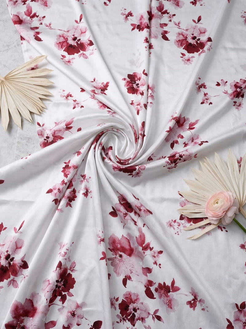 White Watercolor Floral Bloom Japan Satin Digital Printed Fabric