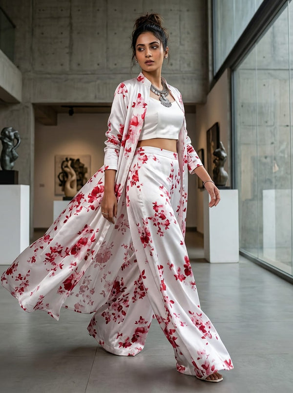 White Watercolor Floral Bloom Japan Satin Digital Printed Fabric - Cape with Palazzo Lookbook - JS-0-TA06839P3-110 - alternate view