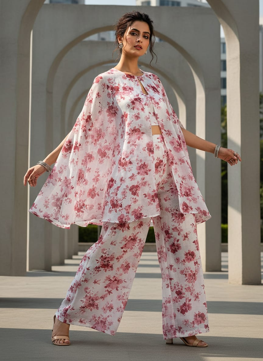 White Delicate Pink and Red Floral Kota Doria Digital Printed Fabric