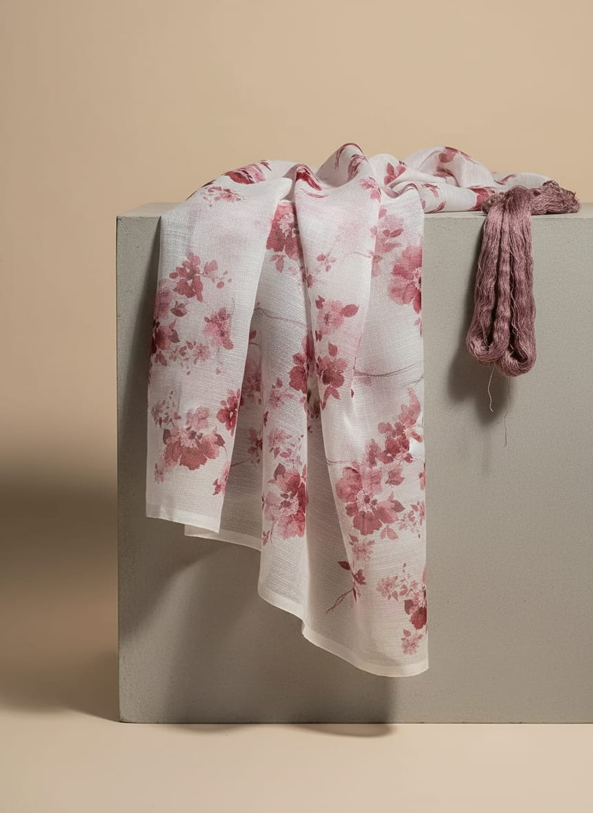 White Delicate Pink and Red Floral Kota Doria Digital Printed Fabric