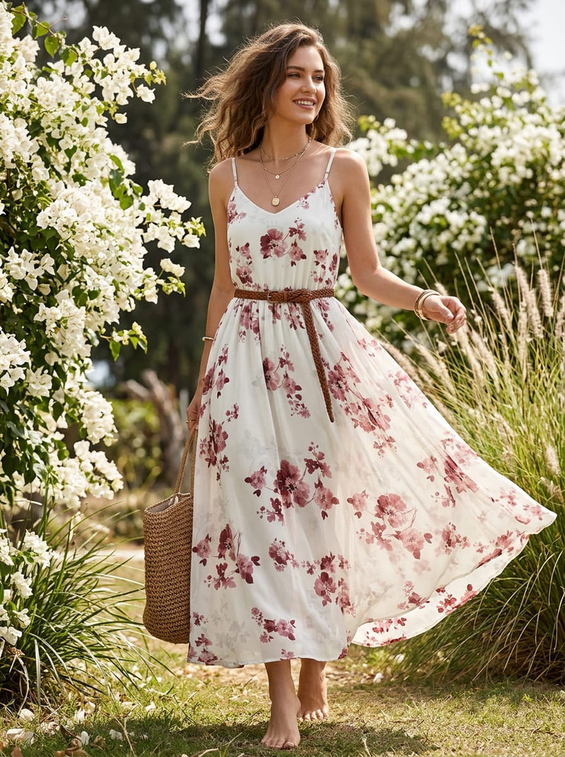 White Delicate Pink Floral Weightless Digital Printed Fabric