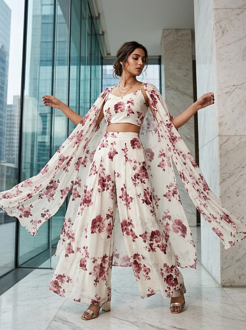 White Delicate Pink Floral Weightless Digital Printed Fabric