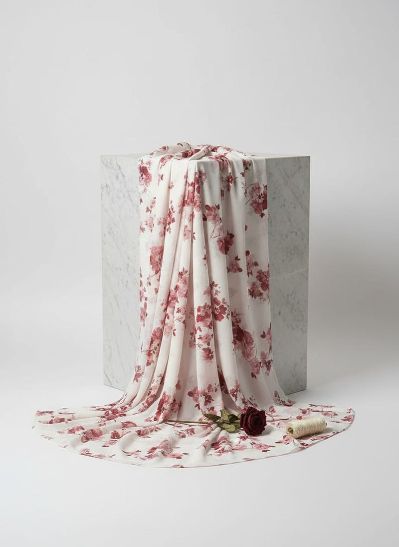 White Delicate Pink Floral Weightless Digital Printed Fabric