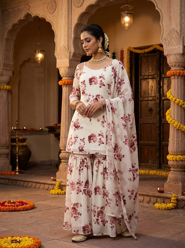 White Delicate Pink Floral Weightless Digital Printed Fabric - Sharara Set Lookbook - WE-0-TA06839P3-110 - alternate view