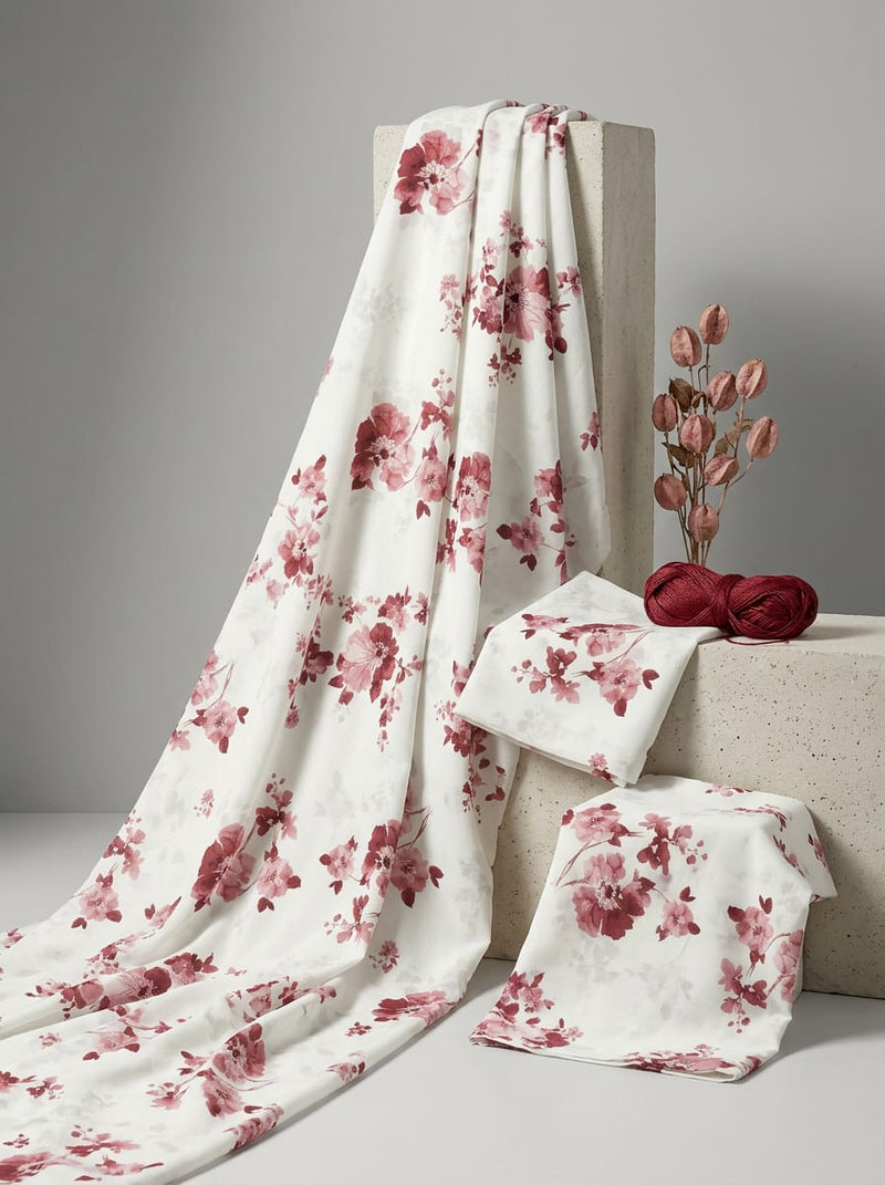 White Dainty Pink Floral Muslin Digital Printed Fabric