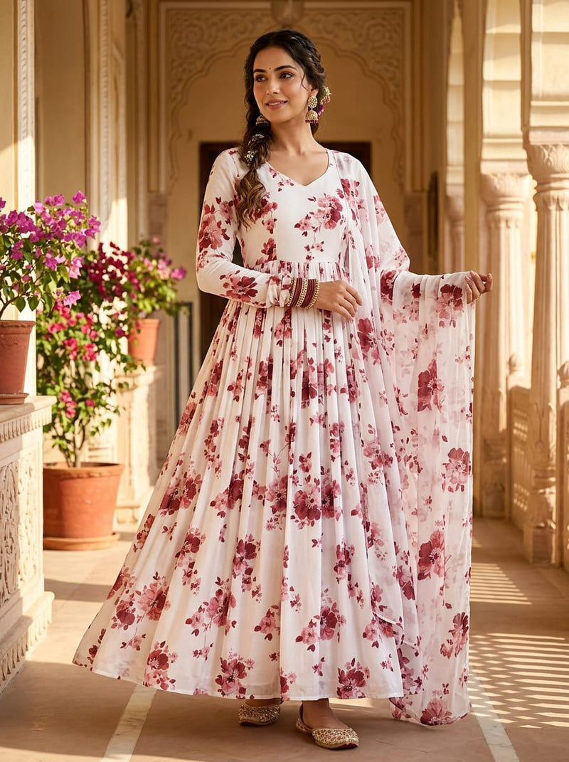 White Dainty Cherry Blossom Floral Silk Crepe Digital Printed Fabric