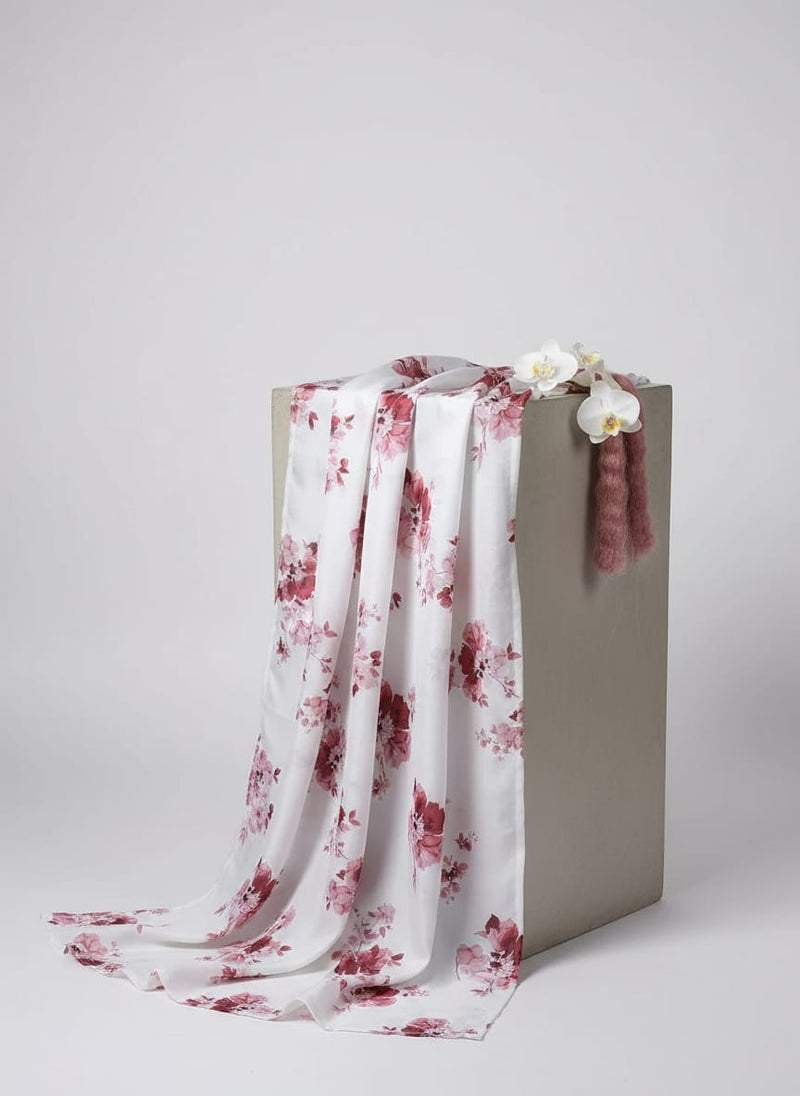 White Dainty Cherry Blossom Floral Silk Crepe Digital Printed Fabric