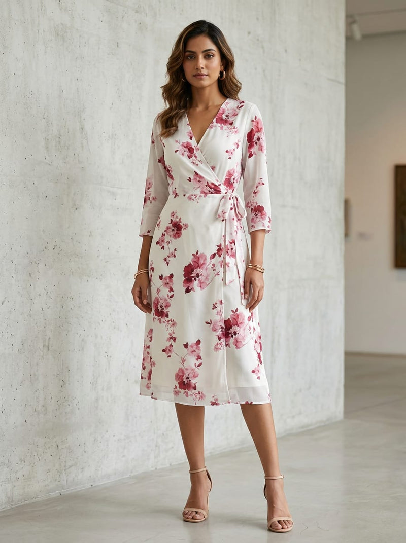 White Dainty Cherry Blossom Floral Silk Crepe Digital Printed Fabric