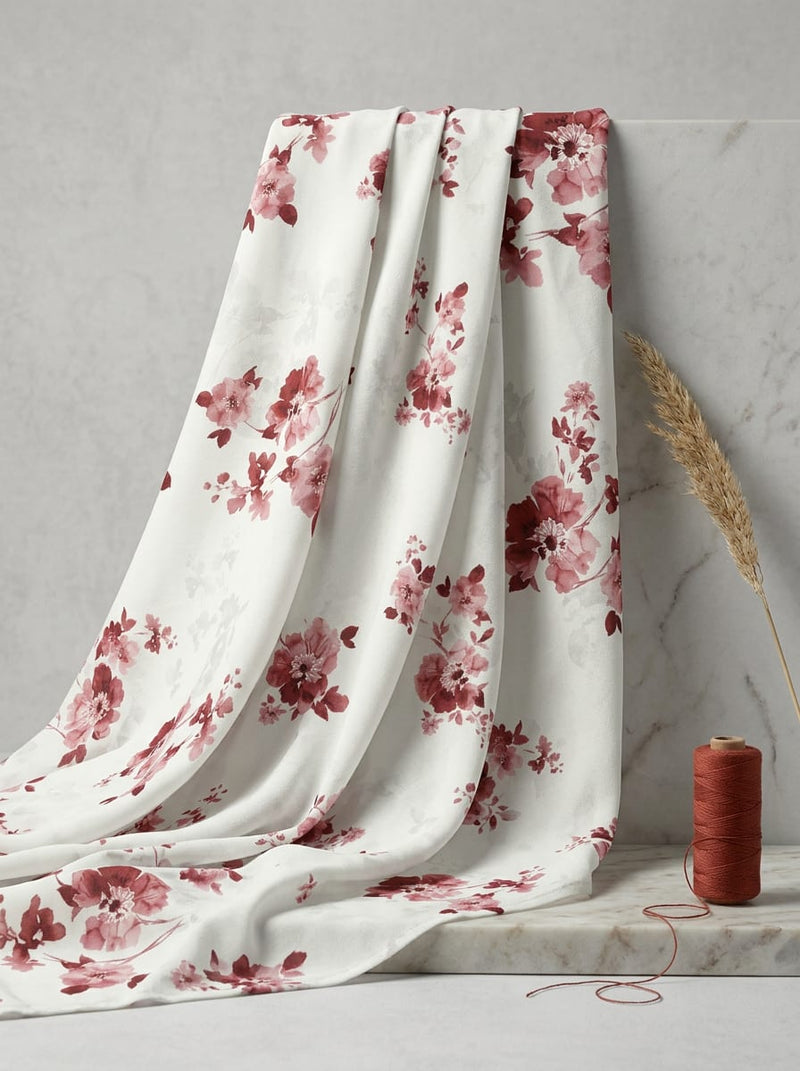White Dainty Pink Floral Pure Cotton Digital Printed Fabric