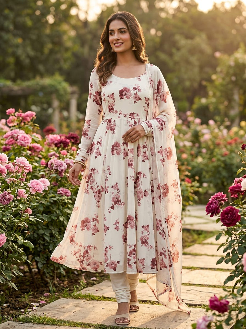 Cream Painterly Pink Floral Pure Georgette Digital Printed Fabric