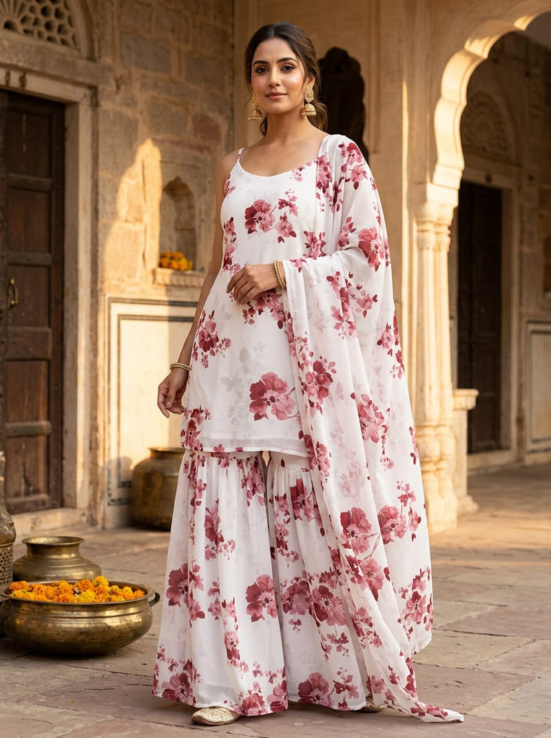 Cream Painterly Pink Floral Pure Georgette Digital Printed Fabric