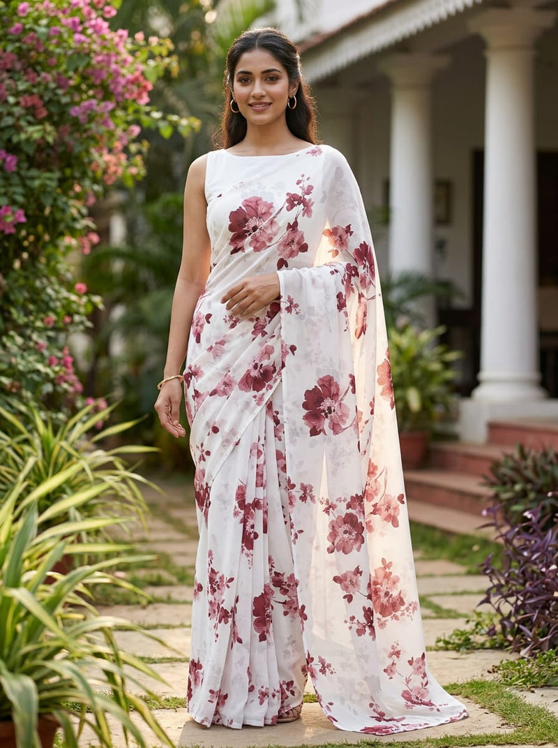 Cream Painterly Pink Floral Pure Georgette Digital Printed Fabric