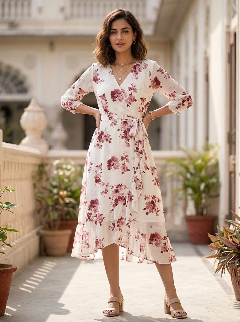Cream Painterly Pink Floral Pure Georgette Digital Printed Fabric
