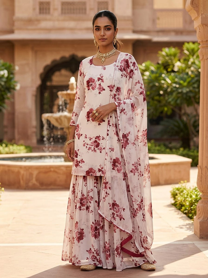 Cream Painterly Pink Floral Pure Georgette Digital Printed Fabric